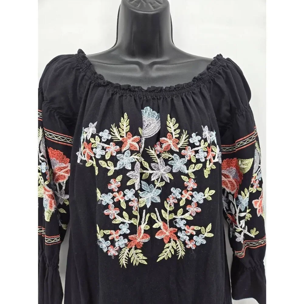Free People Fluer Du Jour Dress Size XS Black Embroidered Floral Boho Summer